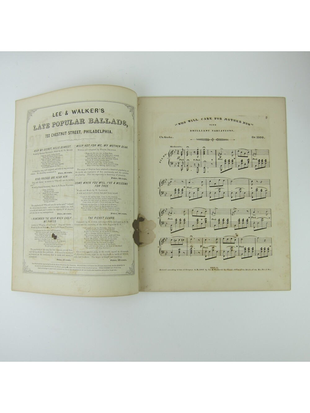 Sheet Music Civil War Tears of Love Charles Grobe Lee & Walker Antique 1863 - Picture 2 of 12